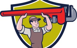 Plumber Lifting Monkey Wrench Crest Cartoon