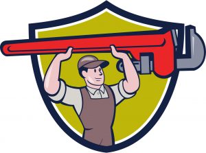 Plumber Lifting Monkey Wrench Crest Cartoon